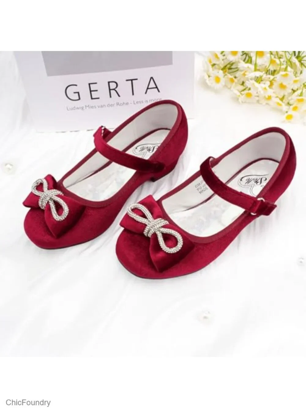 Girls Rhinestone Bow Dress Shoes Low Heels Mary Janes for Wedding Party